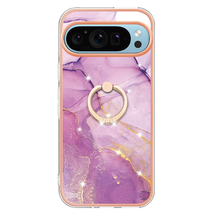 For Google Pixel 9 Pro XL Electroplating Marble IMD TPU Phone Case with Ring Holder(Purple 001)