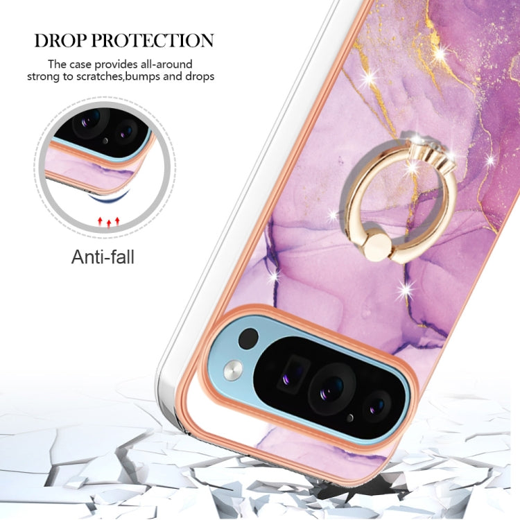 For Google Pixel 9 Pro XL Electroplating Marble IMD TPU Phone Case with Ring Holder(Purple 001)