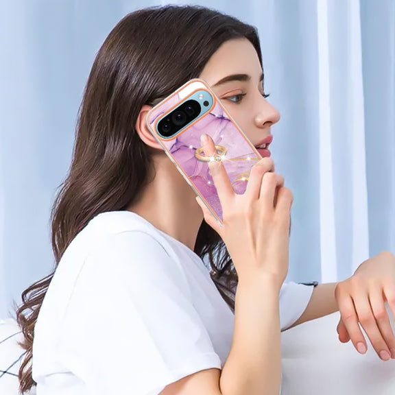 For Google Pixel 9 Pro XL Electroplating Marble IMD TPU Phone Case with Ring Holder(Purple 001)