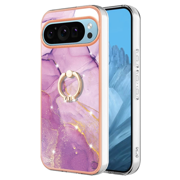 For Google Pixel 9 Pro XL Electroplating Marble IMD TPU Phone Case with Ring Holder(Purple 001)