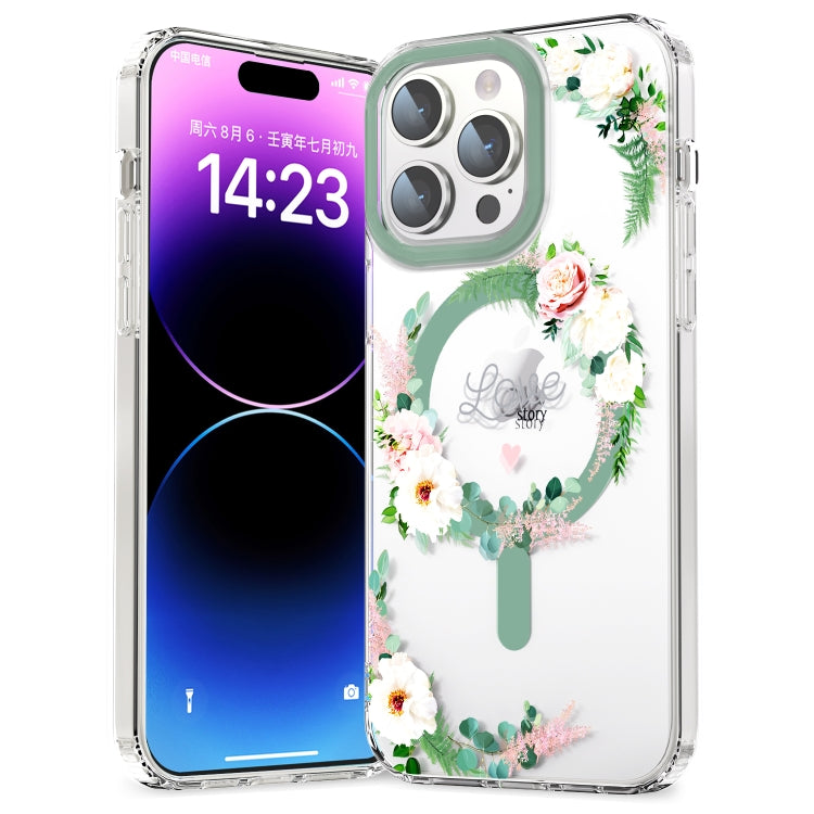 For iPhone 14 Pro MagSafe Magnetic TPU Phone Case(White Pink Rose)