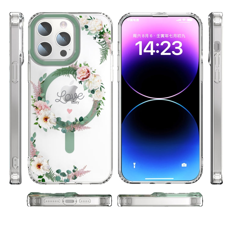For iPhone 14 Pro MagSafe Magnetic TPU Phone Case(White Pink Rose)
