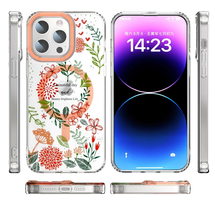 For iPhone 15 Plus MagSafe Magnetic TPU Phone Case(Red Flowers and Green Leaves)