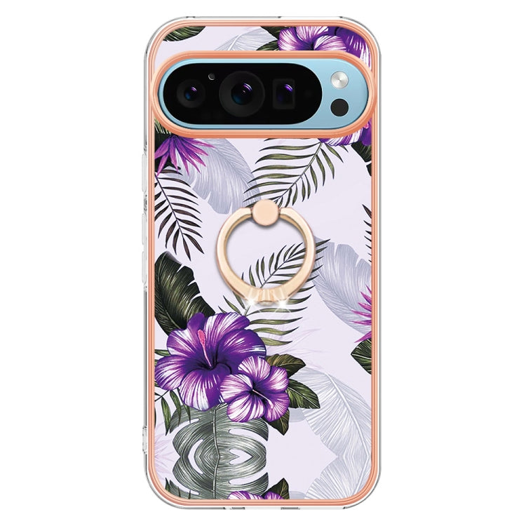 For Google Pixel 9 / 9 Pro Electroplating IMD TPU Phone Case with Ring(Purple Flower)