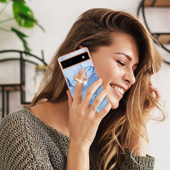 For Google Pixel 6a Electroplating Marble Dual-side IMD Phone Case with Ring(Blue 018)