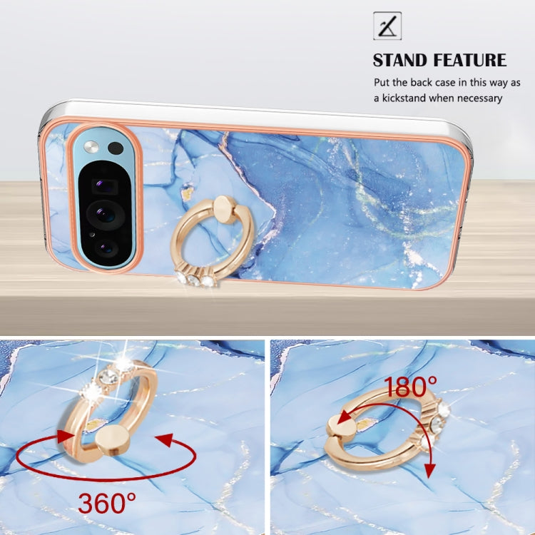 For Google Pixel 9 / 9 Pro Electroplating Marble Dual-side IMD Phone Case with Ring(Blue 018)