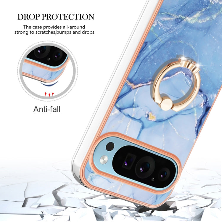 For Google Pixel 9 / 9 Pro Electroplating Marble Dual-side IMD Phone Case with Ring(Blue 018)
