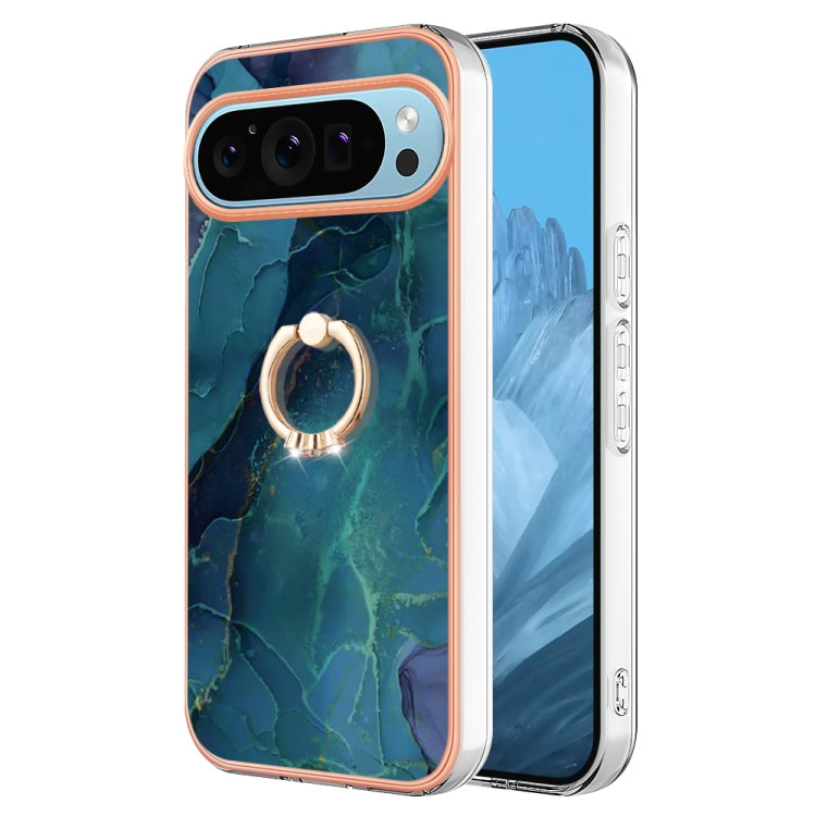 For Google Pixel 9 Pro XL Electroplating Marble Dual-side IMD Phone Case with Ring(Green 017)