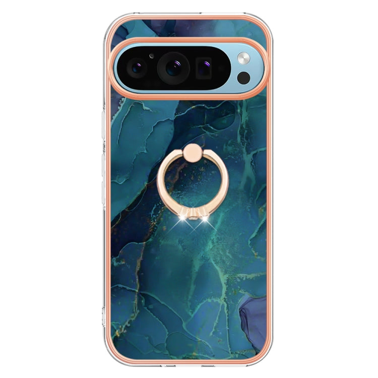 For Google Pixel 9 Pro XL Electroplating Marble Dual-side IMD Phone Case with Ring(Green 017)