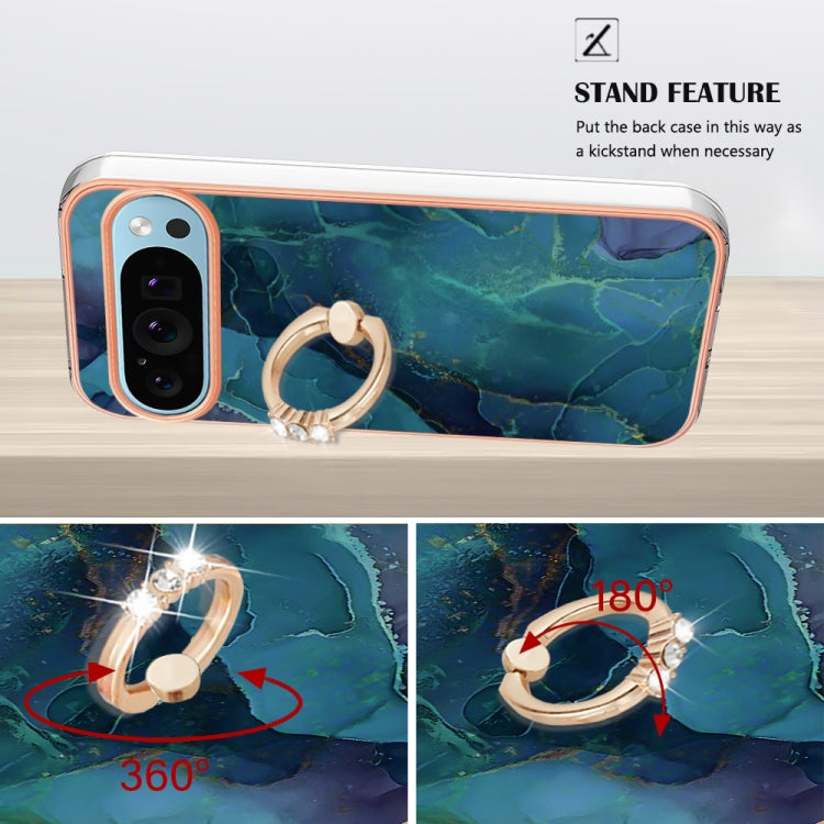 For Google Pixel 9 Pro XL Electroplating Marble Dual-side IMD Phone Case with Ring(Green 017)