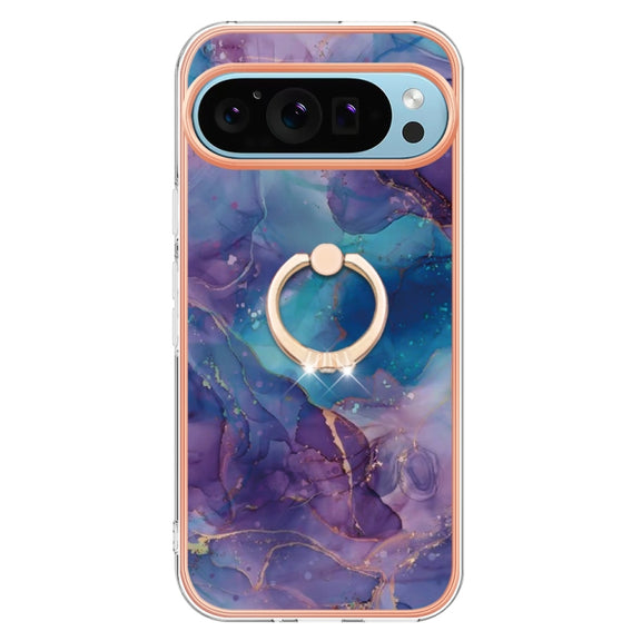 For Google Pixel 9 Pro XL Electroplating Marble Dual-side IMD Phone Case with Ring(Purple 016)