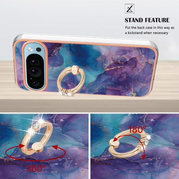 For Google Pixel 9 Pro XL Electroplating Marble Dual-side IMD Phone Case with Ring(Purple 016)