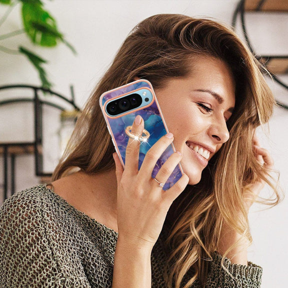 For Google Pixel 9 Pro XL Electroplating Marble Dual-side IMD Phone Case with Ring(Purple 016)