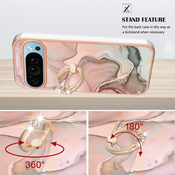 For Google Pixel 9 Pro XL Electroplating Marble Dual-side IMD Phone Case with Ring(Rose Gold 015)