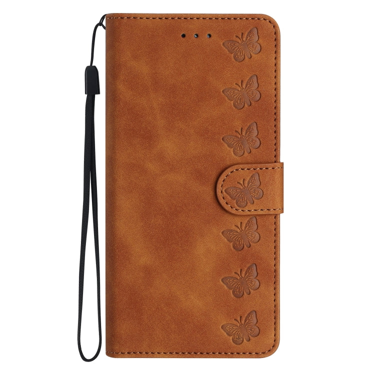 For iPhone 16 Seven Butterflies Embossed Leather Phone Case(Brown)
