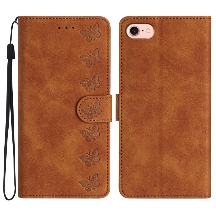 For iPhone 16e Seven Butterflies Embossed Leather Phone Case(Brown)