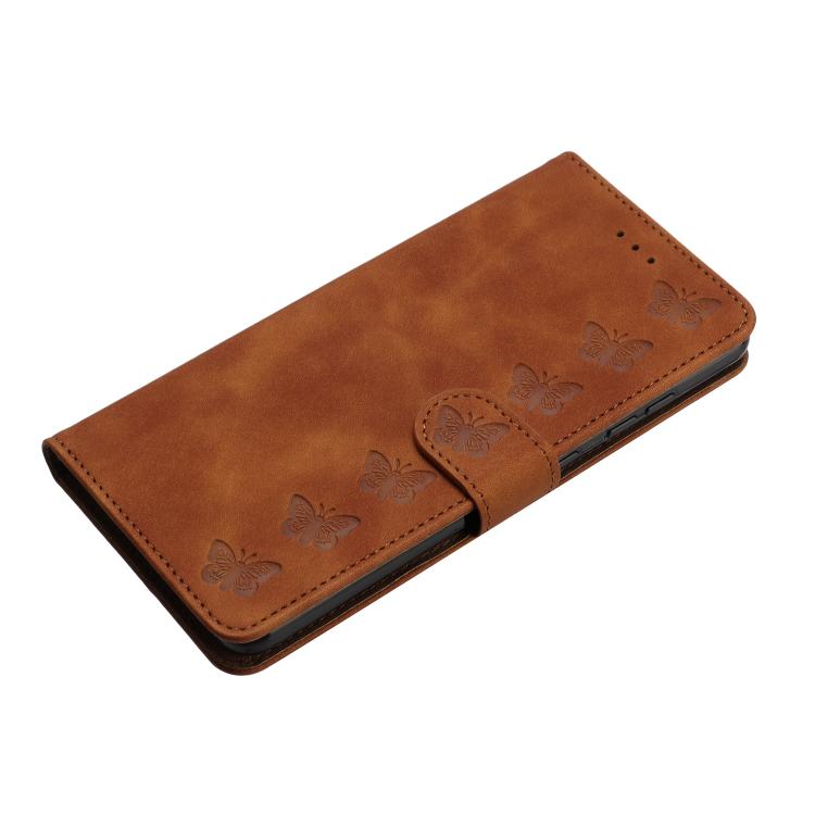 For iPhone 16e Seven Butterflies Embossed Leather Phone Case(Brown)
