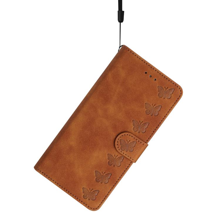 For iPhone 16e Seven Butterflies Embossed Leather Phone Case(Brown)