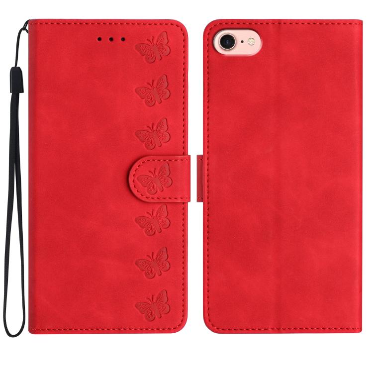 For iPhone 16e Seven Butterflies Embossed Leather Phone Case(Red)
