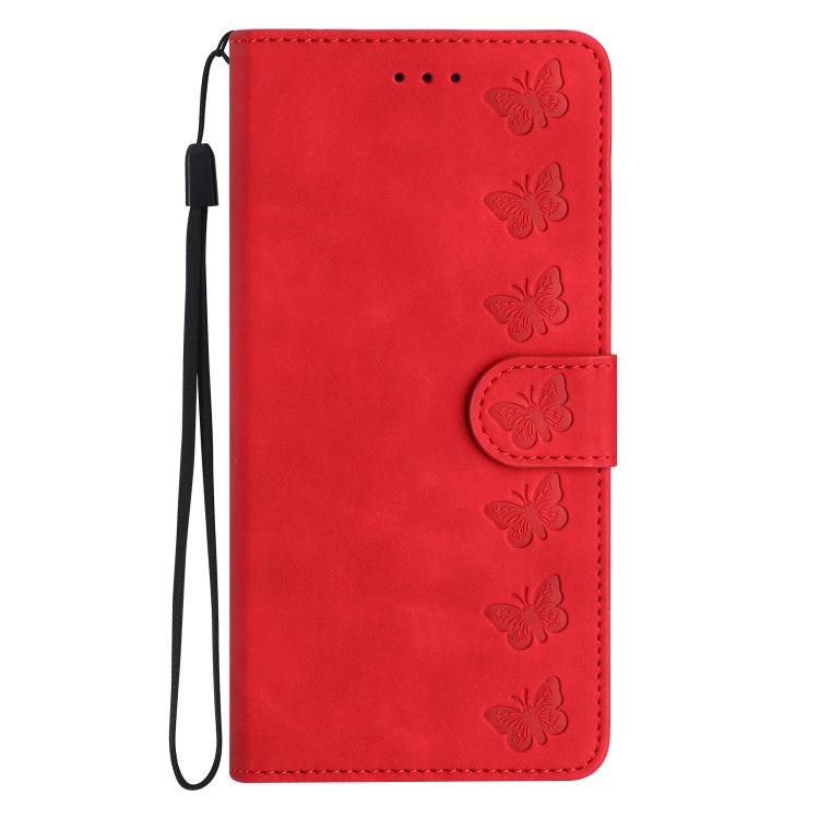 For iPhone 16e Seven Butterflies Embossed Leather Phone Case(Red)