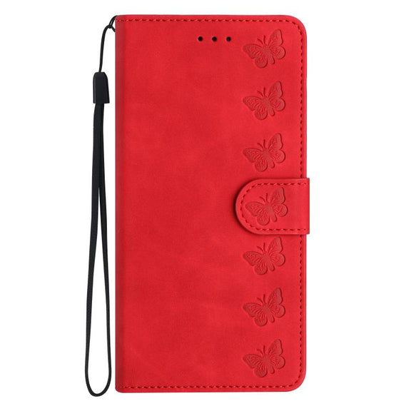 For iPhone 16e Seven Butterflies Embossed Leather Phone Case(Red)