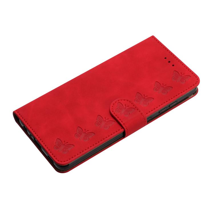For iPhone 16e Seven Butterflies Embossed Leather Phone Case(Red)