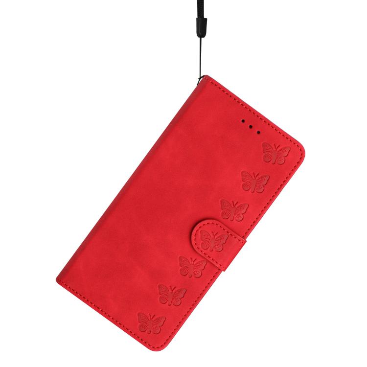 For iPhone 16e Seven Butterflies Embossed Leather Phone Case(Red)