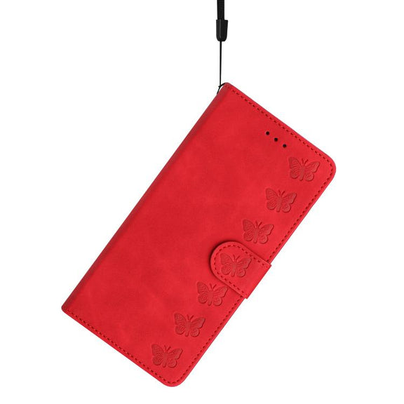 For iPhone 16e Seven Butterflies Embossed Leather Phone Case(Red)