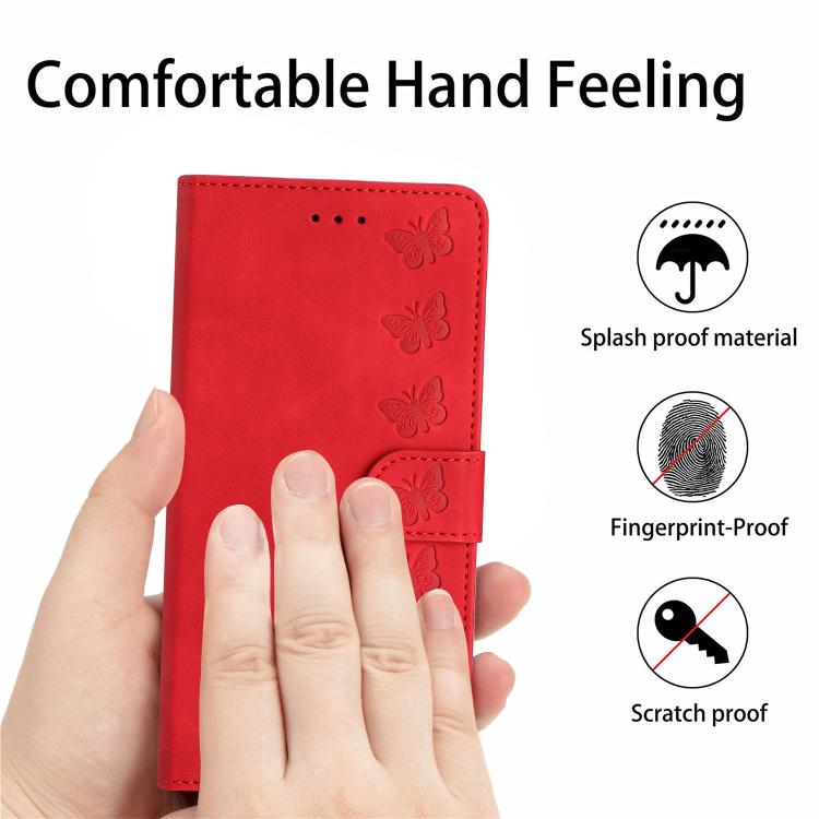 For iPhone 16e Seven Butterflies Embossed Leather Phone Case(Red)