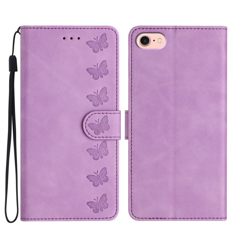 For iPhone 16e Seven Butterflies Embossed Leather Phone Case(Purple)