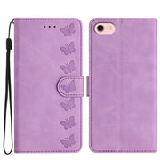 For iPhone 16e Seven Butterflies Embossed Leather Phone Case(Purple)