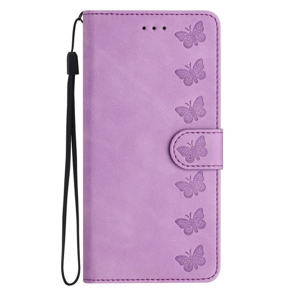 For iPhone 16e Seven Butterflies Embossed Leather Phone Case(Purple)