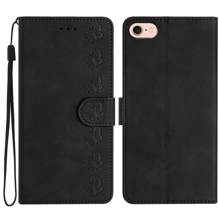 For iPhone 16e Seven Butterflies Embossed Leather Phone Case(Black)