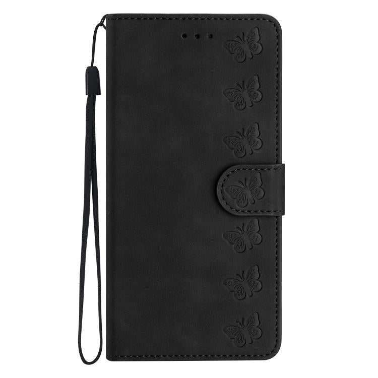 For iPhone 16e Seven Butterflies Embossed Leather Phone Case(Black)
