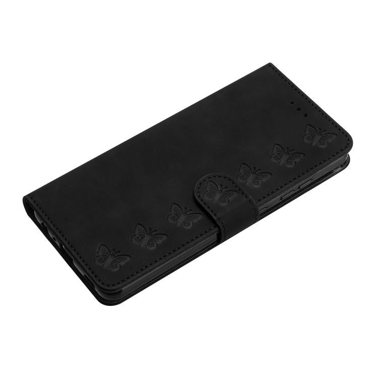 For iPhone 16e Seven Butterflies Embossed Leather Phone Case(Black)