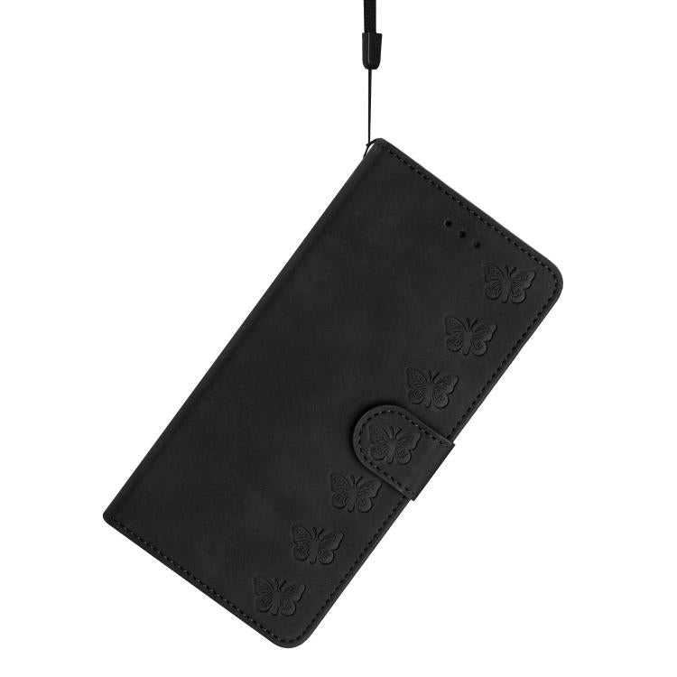 For iPhone 16e Seven Butterflies Embossed Leather Phone Case(Black)