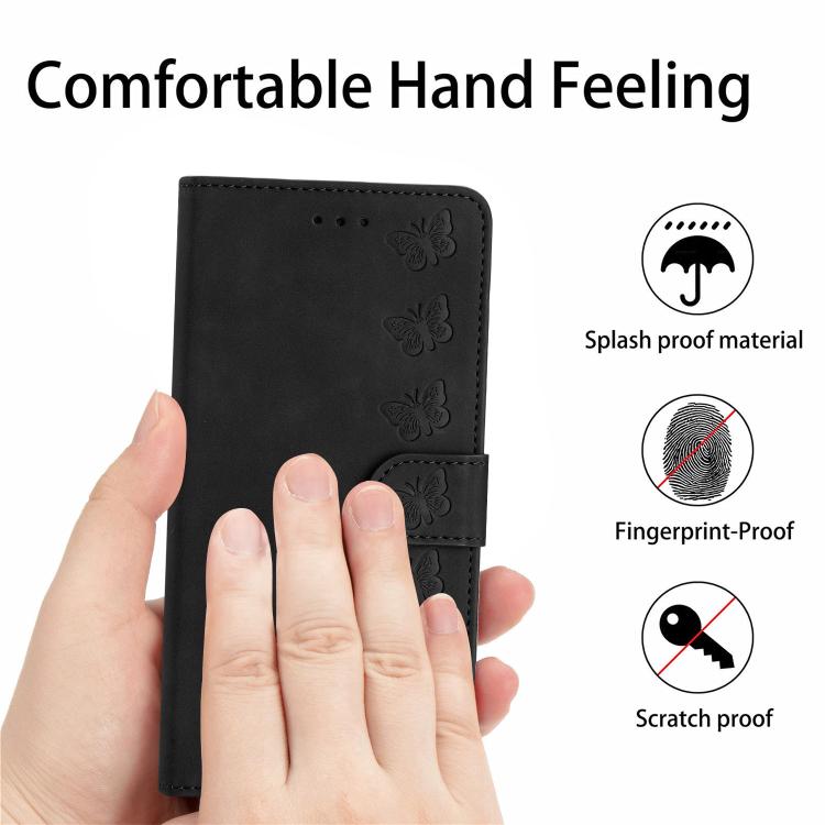 For iPhone 16e Seven Butterflies Embossed Leather Phone Case(Black)