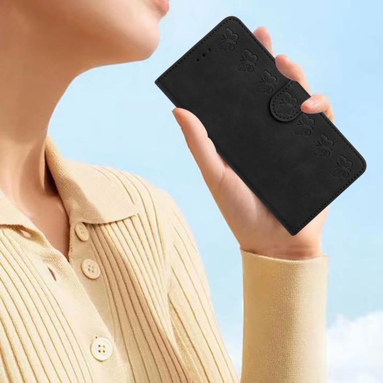 For iPhone 16e Seven Butterflies Embossed Leather Phone Case(Black)