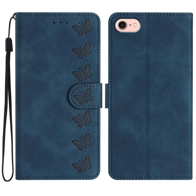 For iPhone 16e Seven Butterflies Embossed Leather Phone Case(Blue)