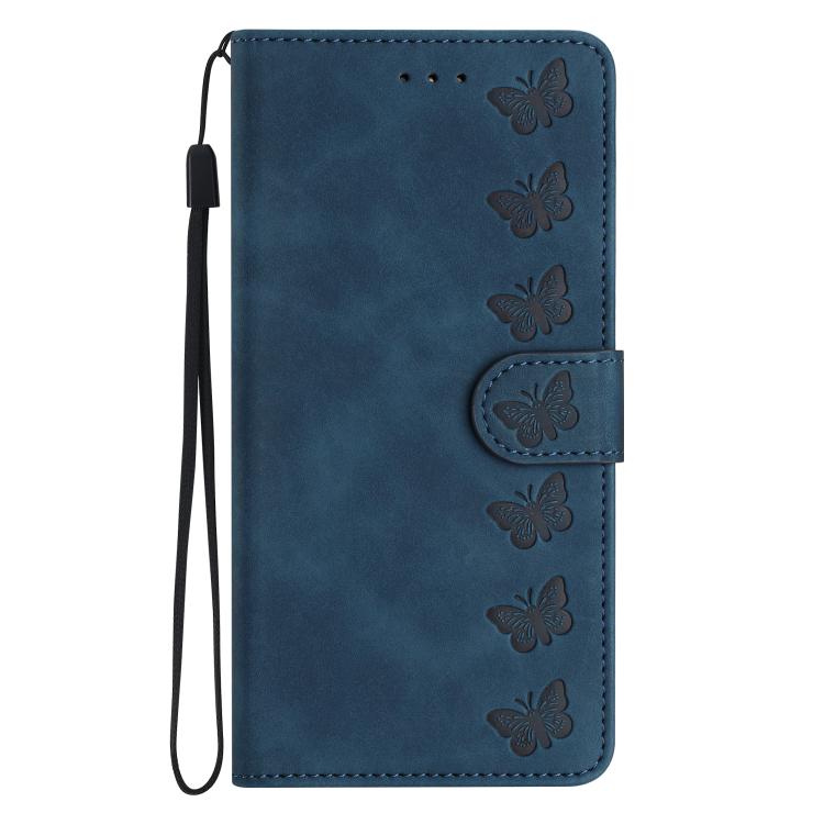 For iPhone 16e Seven Butterflies Embossed Leather Phone Case(Blue)