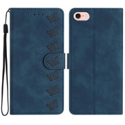 For iPhone 16e Seven Butterflies Embossed Leather Phone Case(Blue)