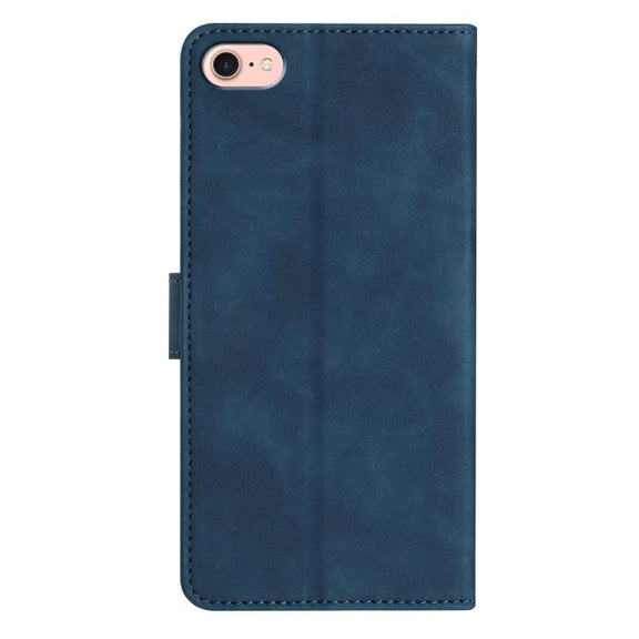 For iPhone 16e Seven Butterflies Embossed Leather Phone Case(Blue)