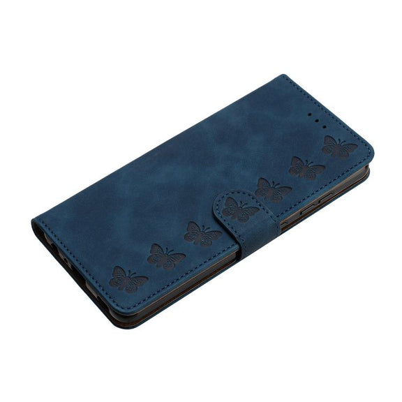 For iPhone 16e Seven Butterflies Embossed Leather Phone Case(Blue)