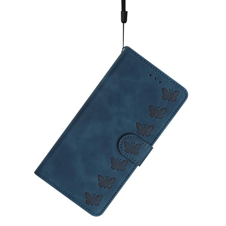 For iPhone 16e Seven Butterflies Embossed Leather Phone Case(Blue)