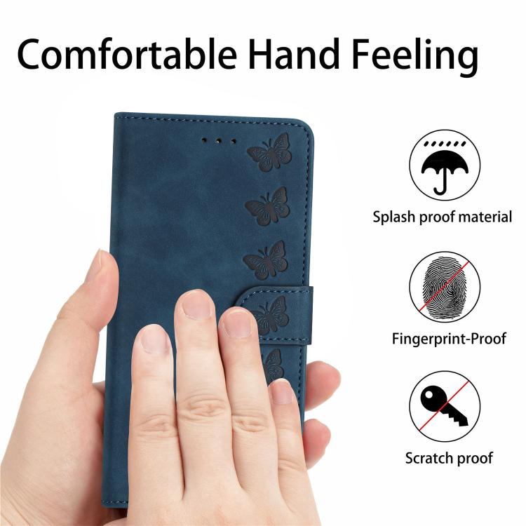 For iPhone 16e Seven Butterflies Embossed Leather Phone Case(Blue)