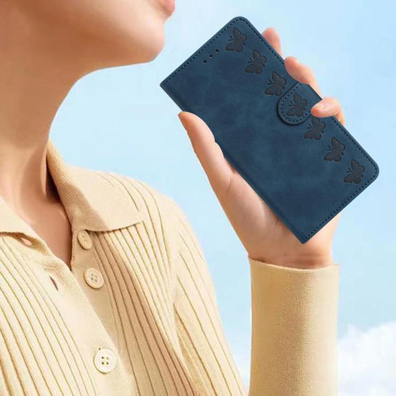 For iPhone 16e Seven Butterflies Embossed Leather Phone Case(Blue)
