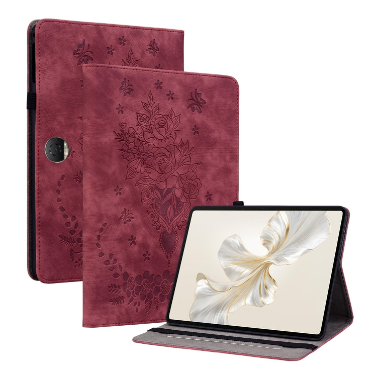 For Honor Pad 9 12.1 Butterfly Rose Embossed Leather Tablet Case(Red)