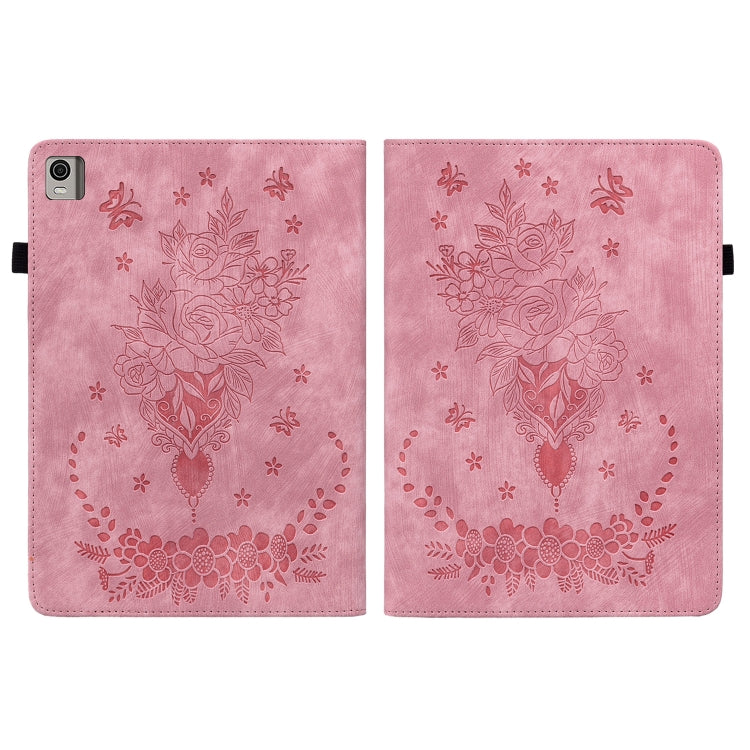 For Nokia T21 Butterfly Rose Embossed Leather Tablet Case(Pink)