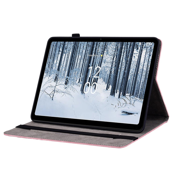 For Nokia T21 Butterfly Rose Embossed Leather Tablet Case(Pink)