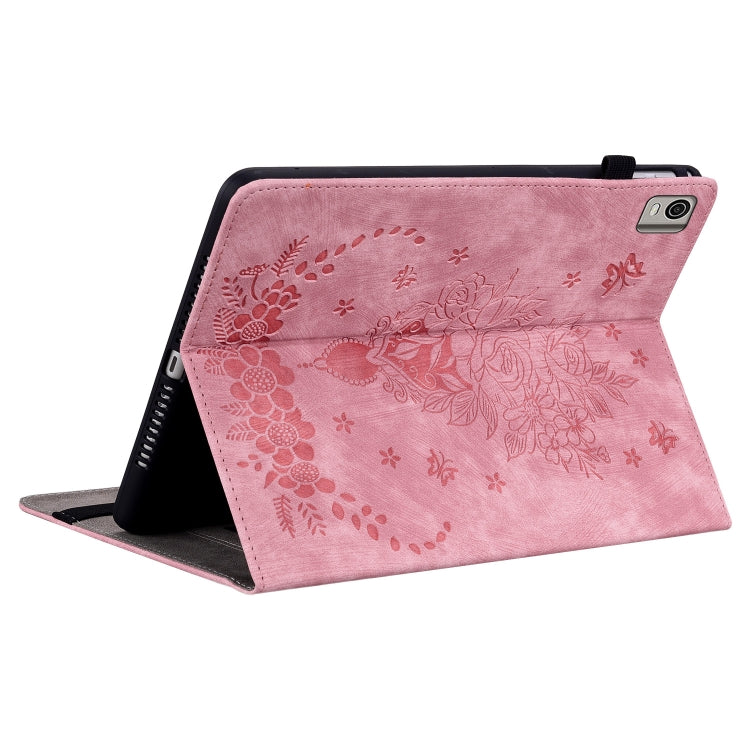 For Nokia T21 Butterfly Rose Embossed Leather Tablet Case(Pink)